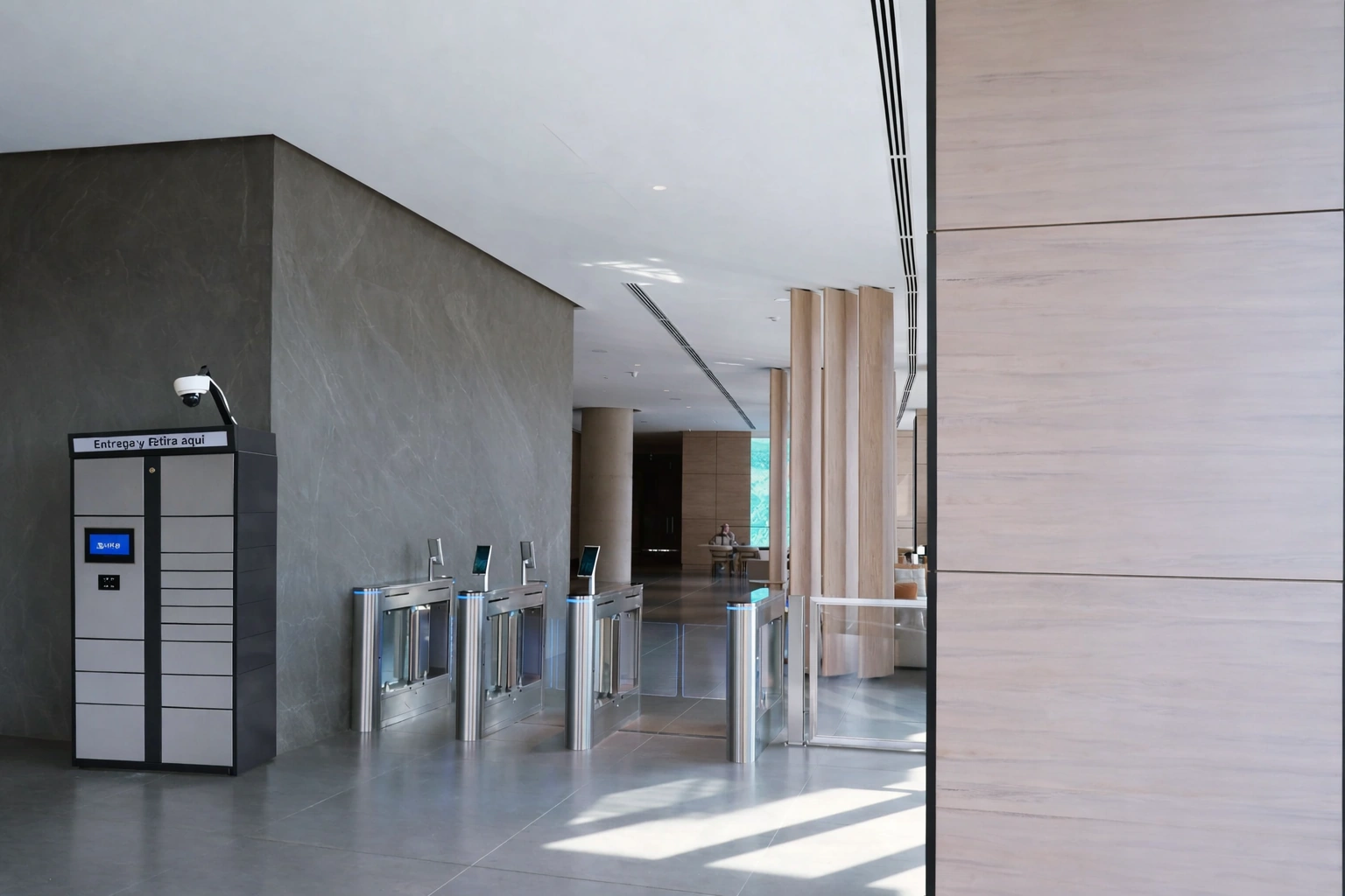 Acceso de edificio con torniquetes y lockers